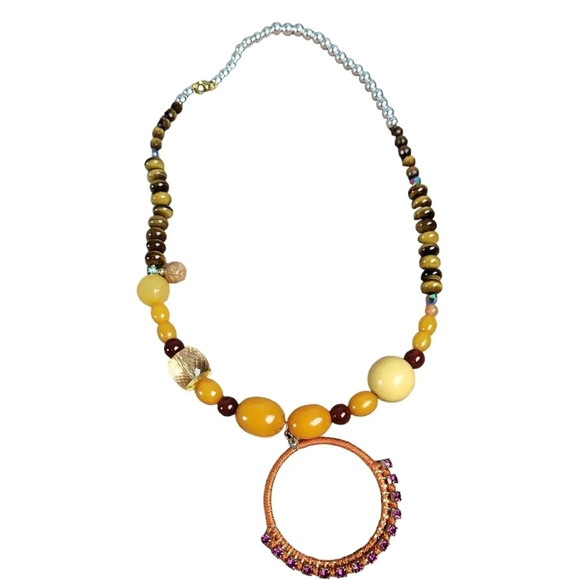 Tigers Eyes Orange Silver Bead Metallic Rondelle Necklace - Picture 1 of 2